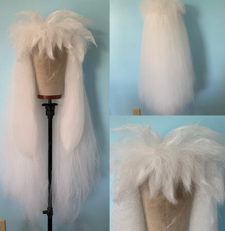 Inuyasha, Inuyasha. This Inuyasha wig was styled in 2018. The base is a very, very cheap thin ebay wig that was crimped using micro braids, which were then submersed in warm water, dried, and finally brushed out. This wig is not for sale.